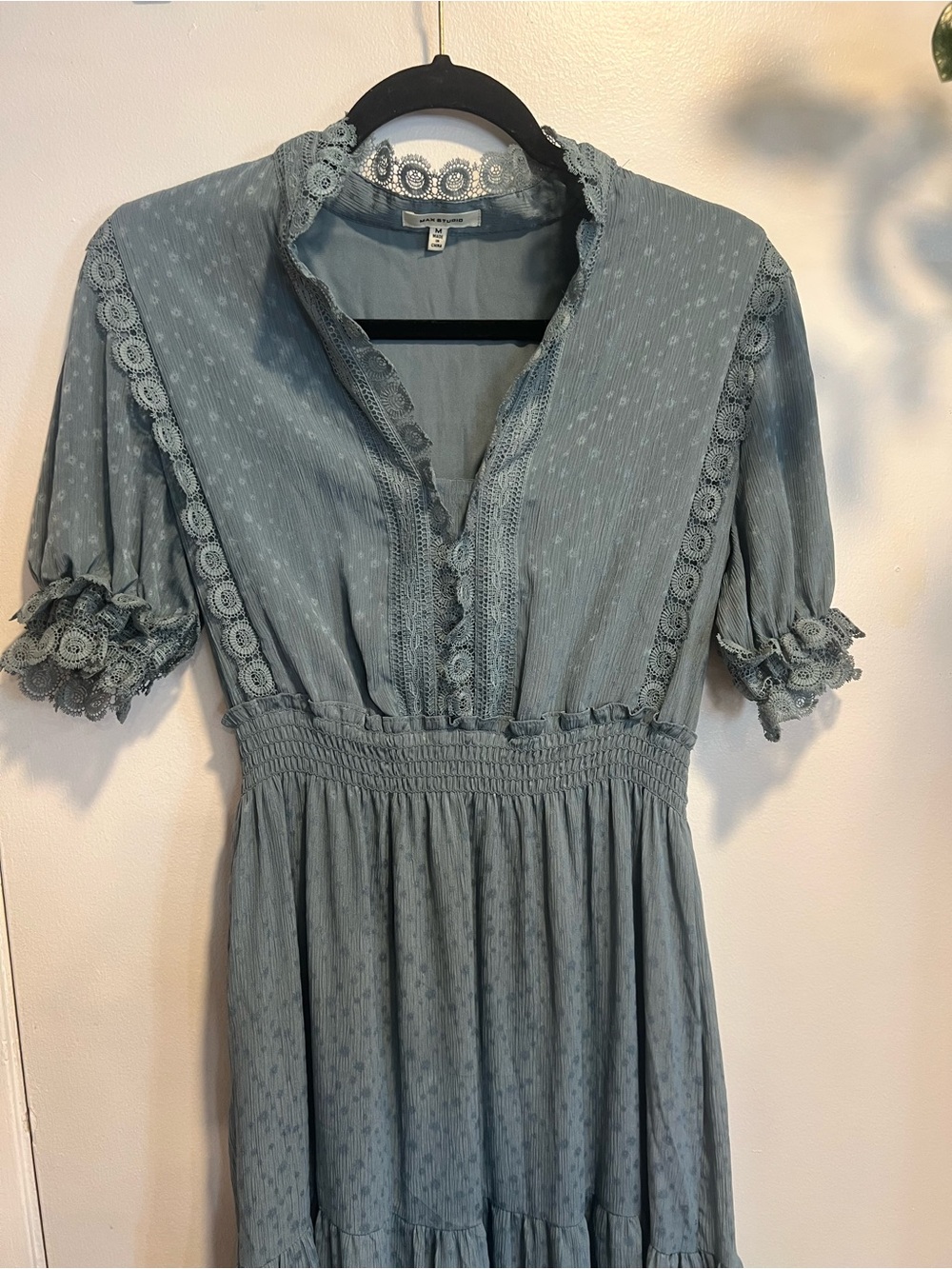 Max Studio Sage Blue Tiered Maxi Dress with Lace Accents - Picture 2 of 11